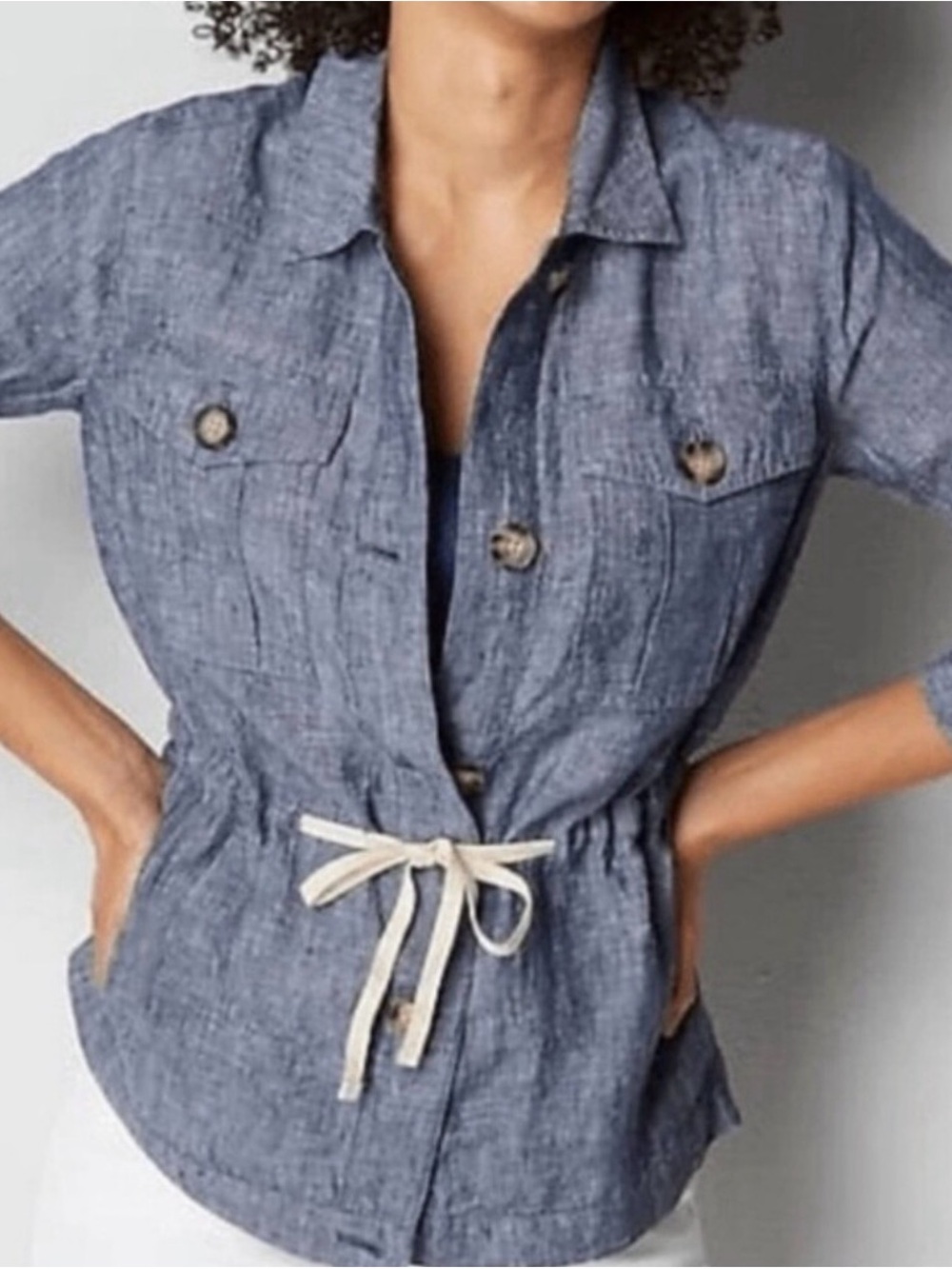J Jill Love Linen blue chambray button down shirt drawstring jacket - M